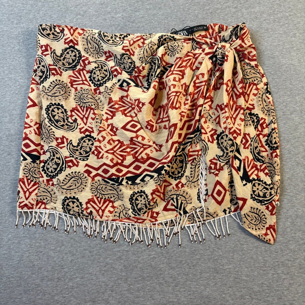 Zara Red Paisley Beaded‎ Fringe Mini Wrap Skirt NWT 1165/158 L